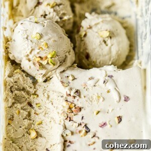 Pan with ice cream with two scoops visible