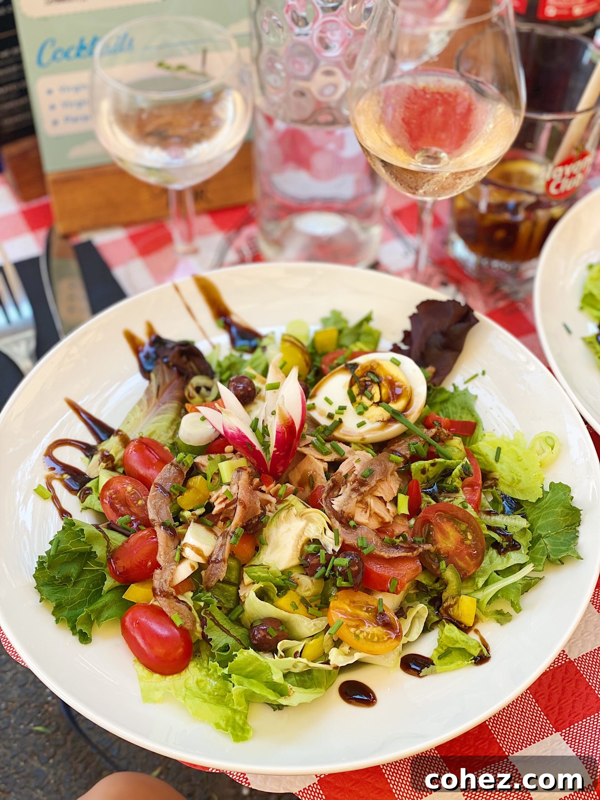 Timeless Nicoise Salad 3 A close-up shot of a vibrant Salad Nicoise served in Nice, France, featuring fresh ingredients like tuna, anchovies, tomatoes, and bell peppers.