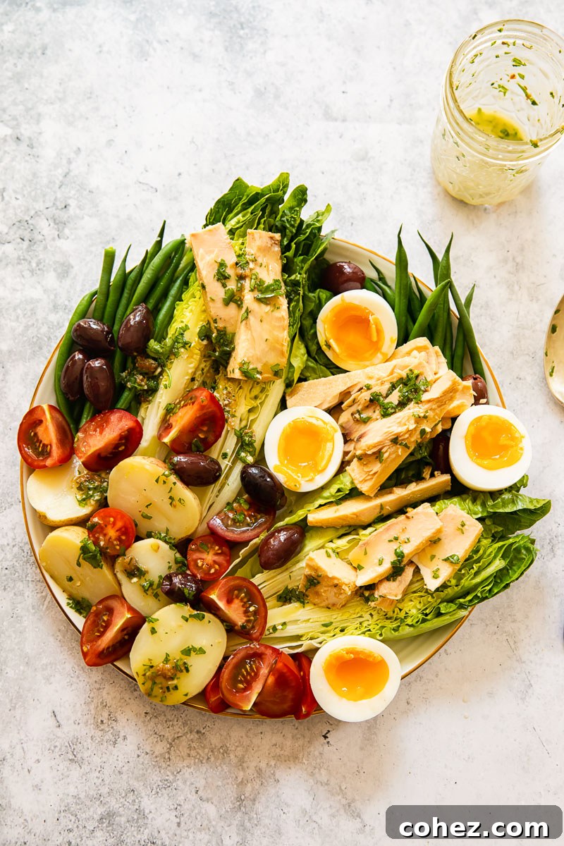 Timeless Nicoise Salad 4 An overhead shot of Salade Nicoise expertly arranged on a platter, with a small bowl of vinaigrette dressing placed neatly beside it.