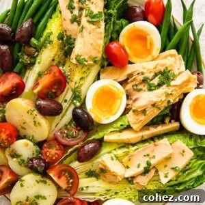top down view of Nicoise salad on a platter