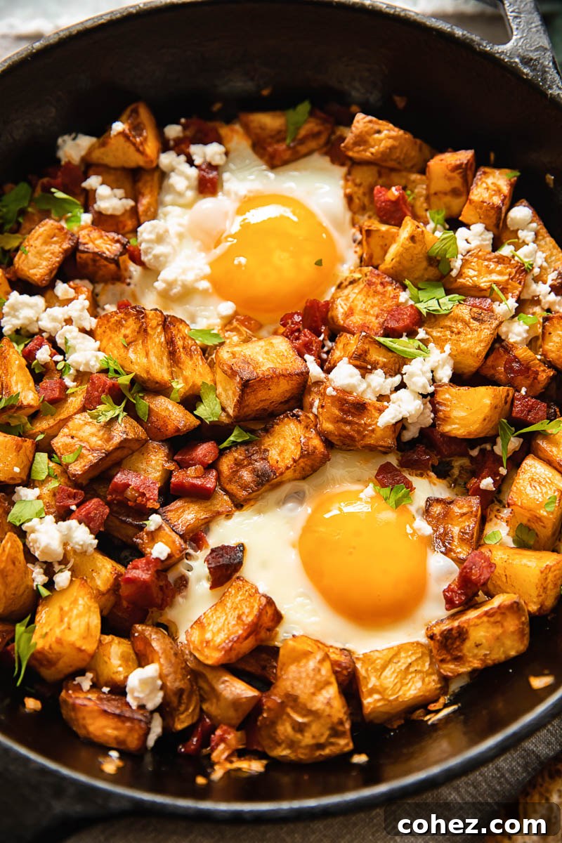 Spicy Chorizo Hash with Feta 2 breakfast skillet with fried potatoes, eggs, chorizo and feeta