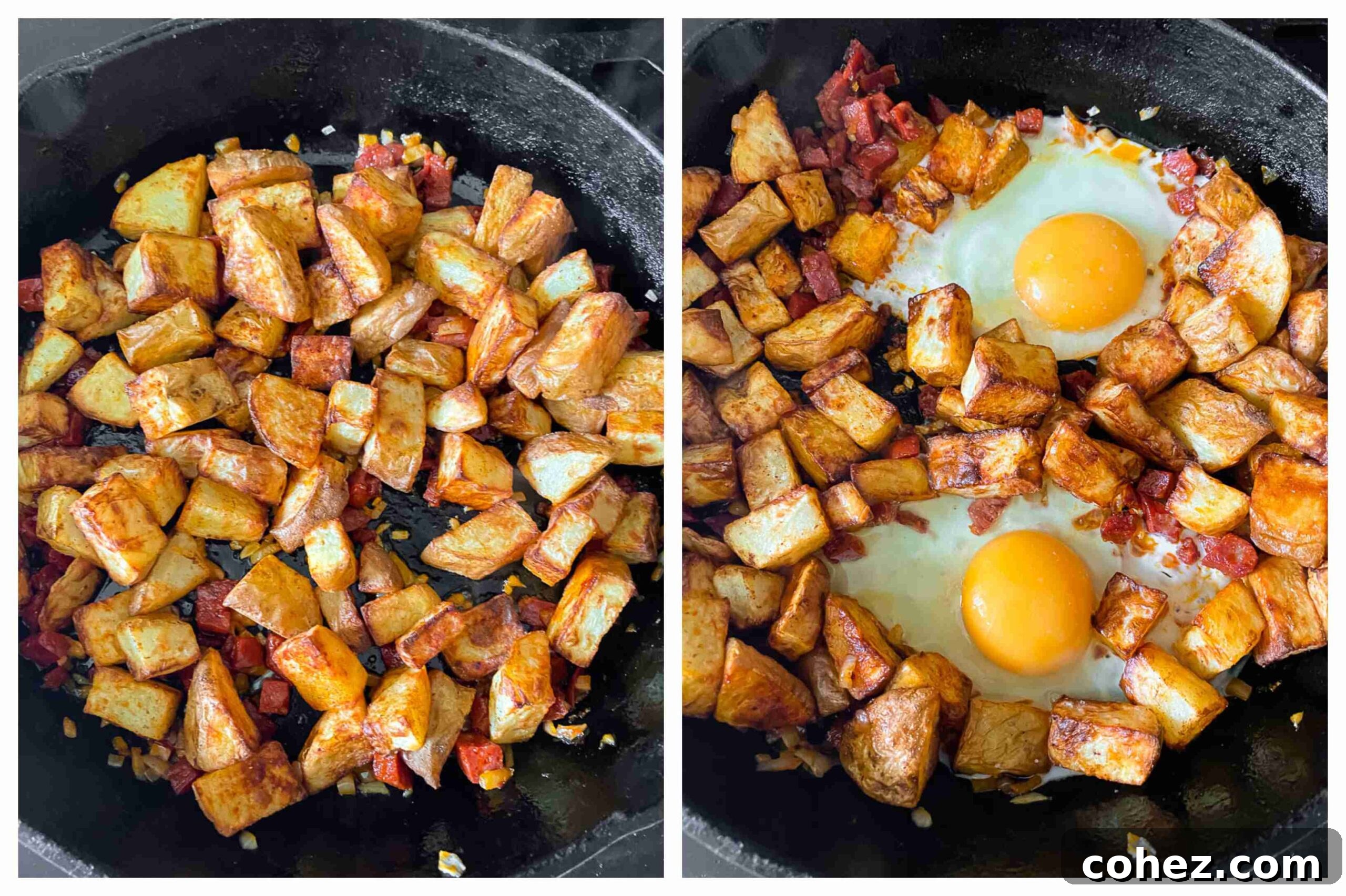 Spicy Chorizo Hash with Feta 5 chorizo, potato and egg hash process images