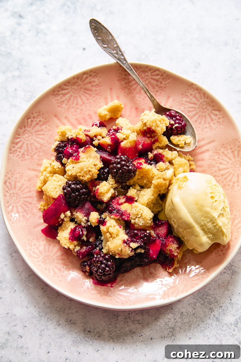 A serving of apple and blackberry brown butter crumble on a pink plate, topped with a scoop of vanilla ice cream and a dessert spoon