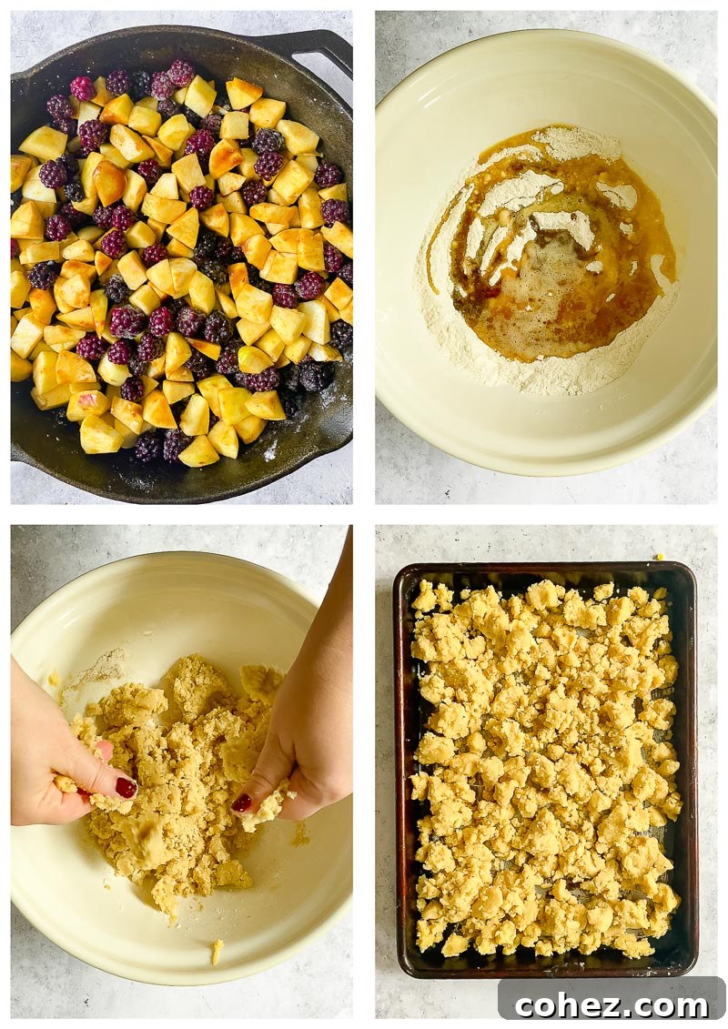Step-by-step images showing the process of making apple and blackberry crumble, including browning butter and preparing the fruit filling.