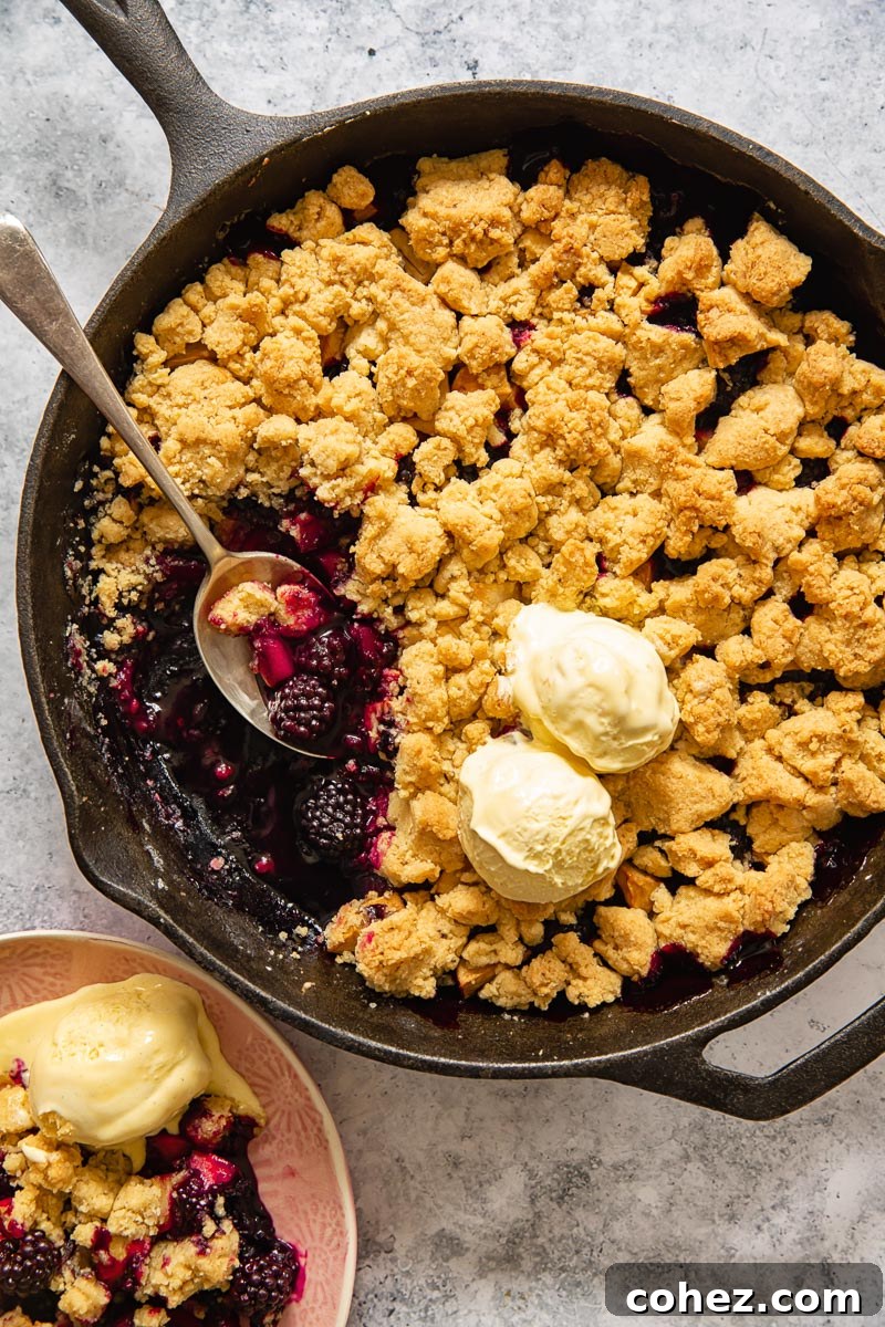 Close-up top-down shot of a baked apple and blackberry crumble in a pan, garnished with two scoops of melting vanilla ice cream.