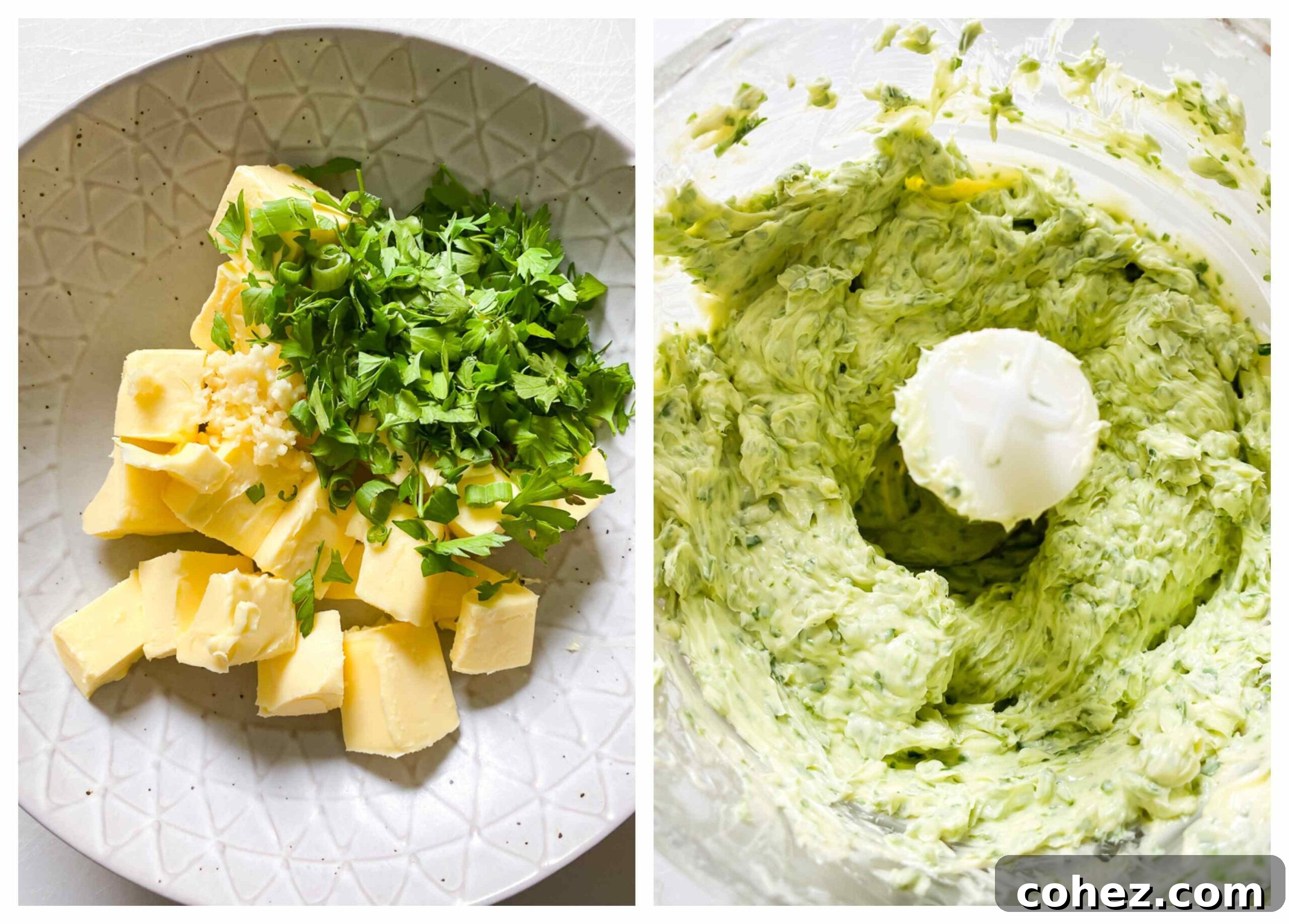A series of close-up process images showcasing the preparation of garlic herb butter, from fresh ingredients to the final blended mixture in a food processor.