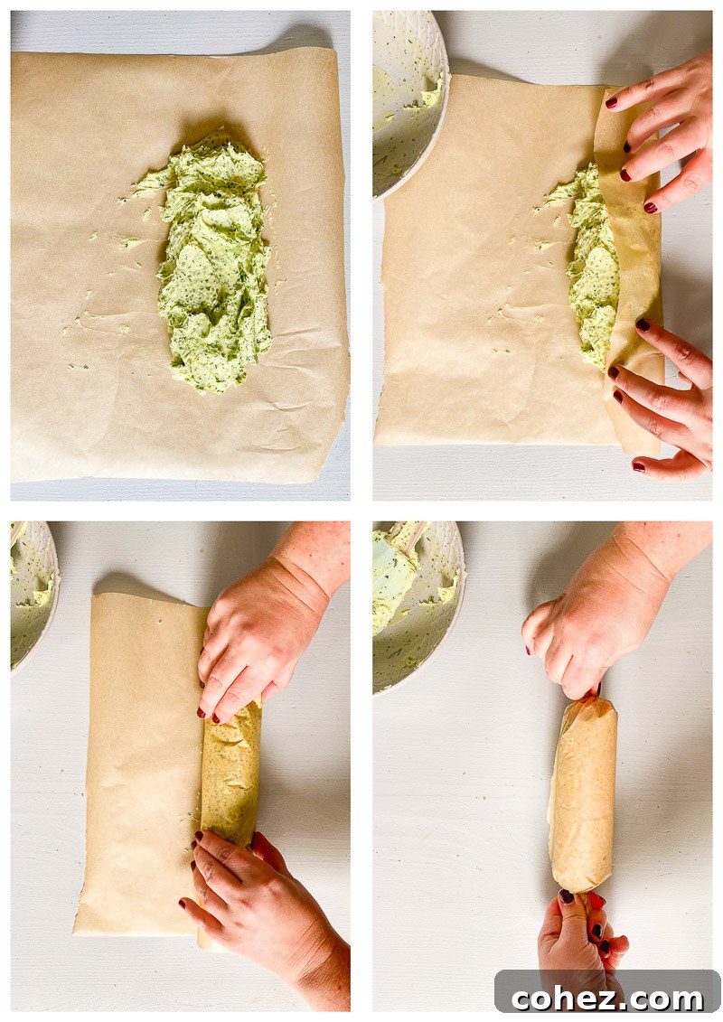 Additional process images illustrating the creation of flavored butter, including the blending of softened butter with herbs and garlic.