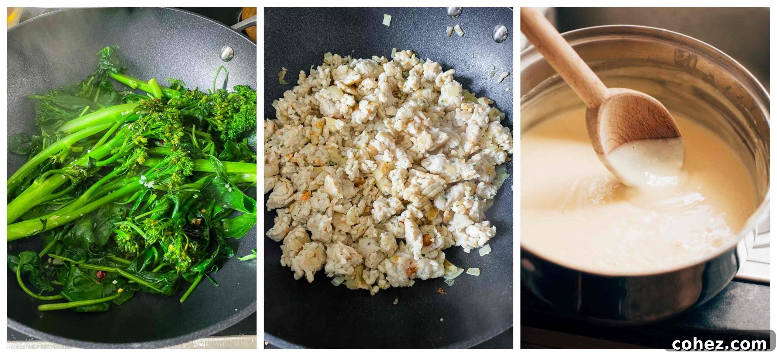 Various ingredients for making lasagna laid out on a kitchen counter, including fresh greens, chicken, cheese, and pasta sheets.