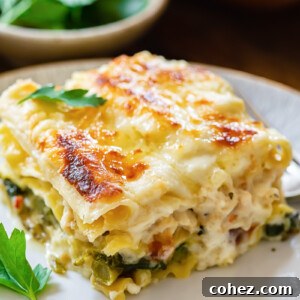 A single piece of perfectly baked white chicken lasagna on a plate.