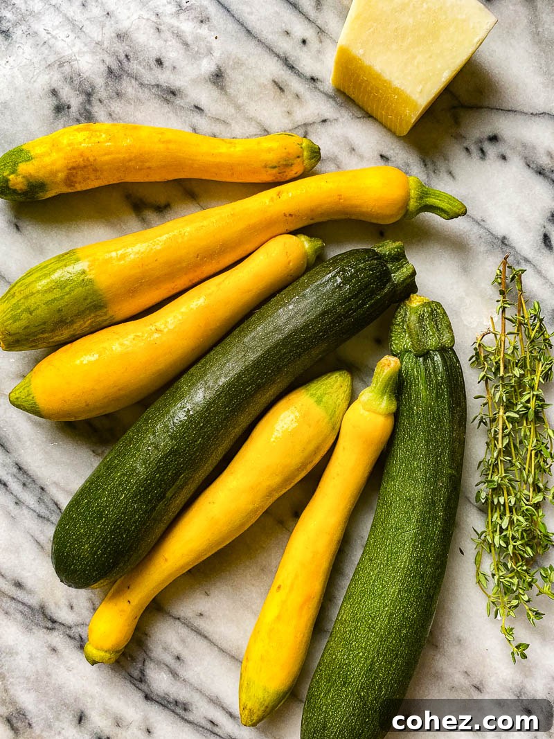Crispy Zucchini with Aromatic Basil and Pecorino 3 Raw yellow and green zucchini, fresh thyme sprigs, and a wedge of Pecorino Romano cheese arranged on a rustic wooden board, showcasing the fresh, high-quality ingredients for the recipe.