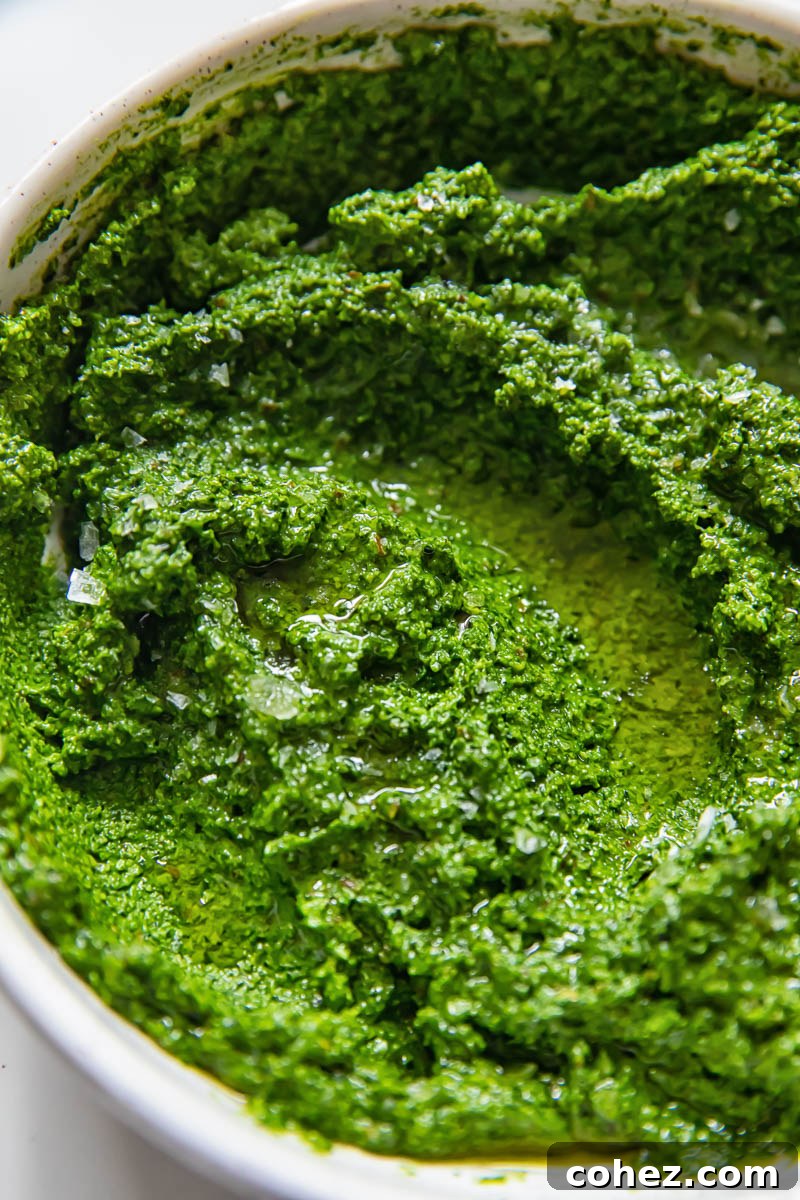 Tuscan Green Gold: Kale Pesto 2 top down view of kale pesto in a bowl