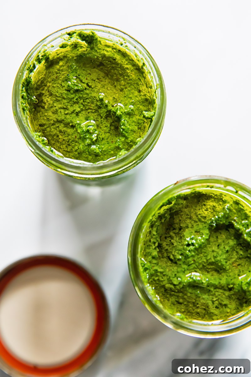 Tuscan Green Gold: Kale Pesto 5 top down view of pesto in glass jars
