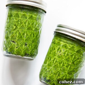 Tuscan Green Gold: Kale Pesto 6 two mason jars filled with green pesto