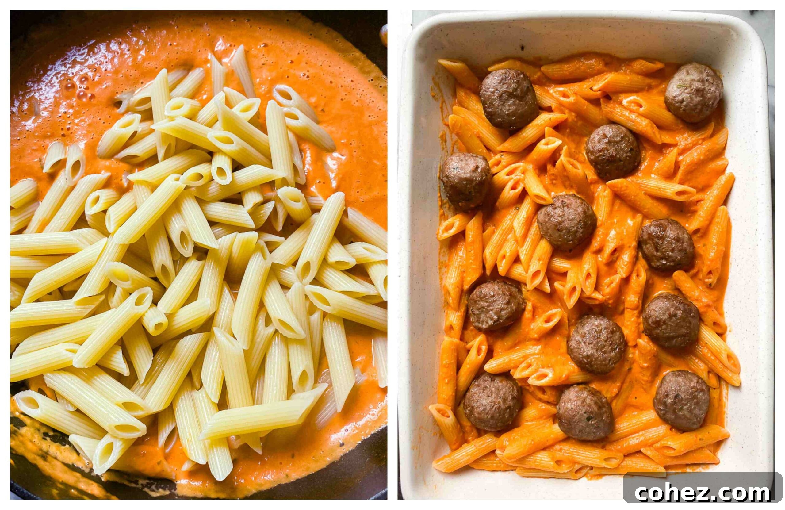 Images showing penne in vodka sauce before and after being topped with meatballs in a baking dish.
