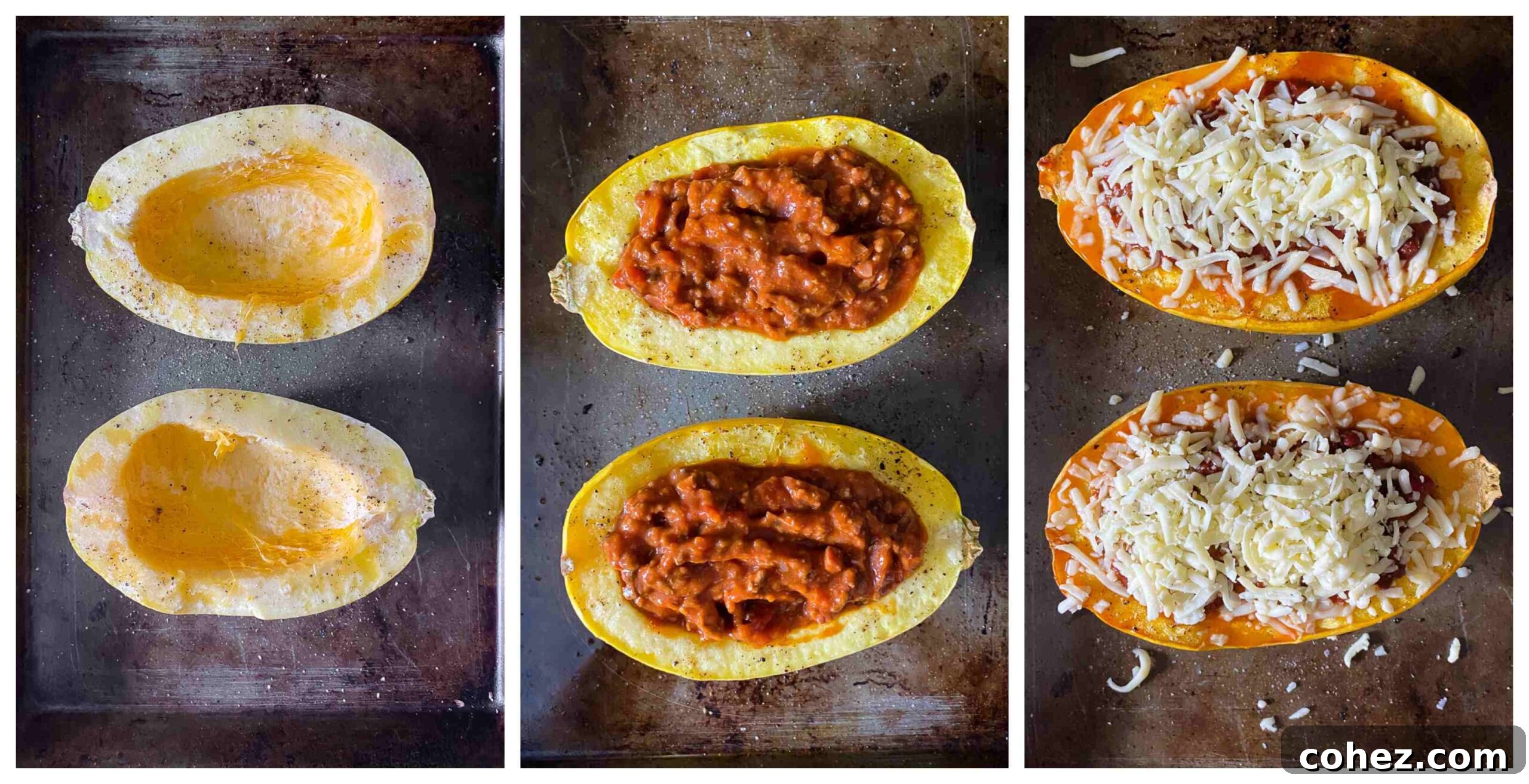 A visual progression of three stages: halved spaghetti squash, then filled with bolognese sauce, and finally topped with cheese and roasted to golden perfection.