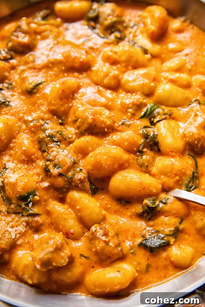 Close-up of sausage gnocchi in rich red Romesco sauce, garnished with fresh herbs, ready to be served.