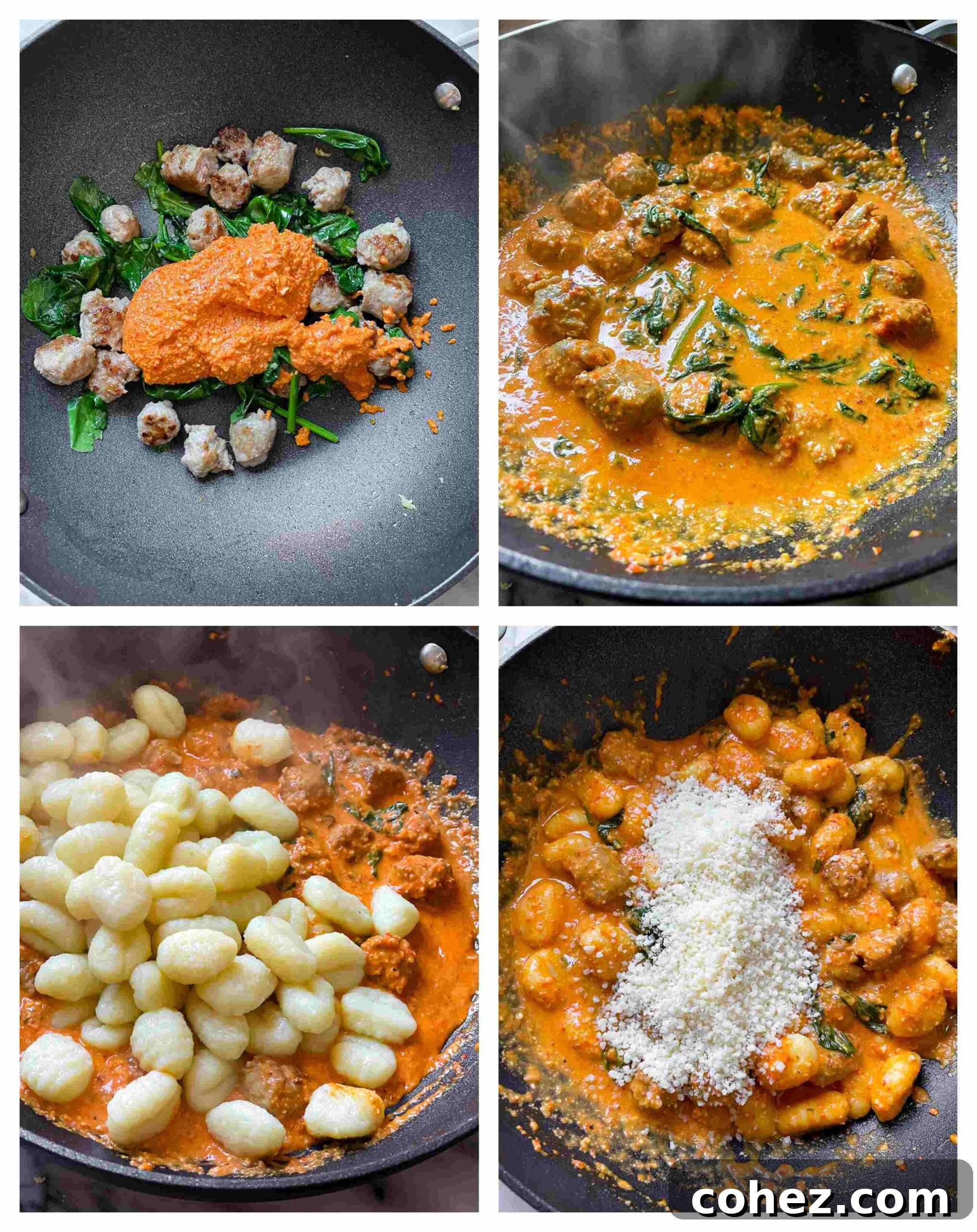 Collage of process images showing the steps to make sausage gnocchi with Romesco sauce.