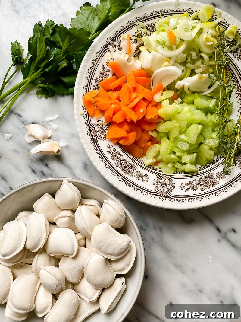 Arrangement of fresh ingredients for Pelmeni Dumpling Soup, including carrots, leeks, celery, thyme, and frozen pelmeni.