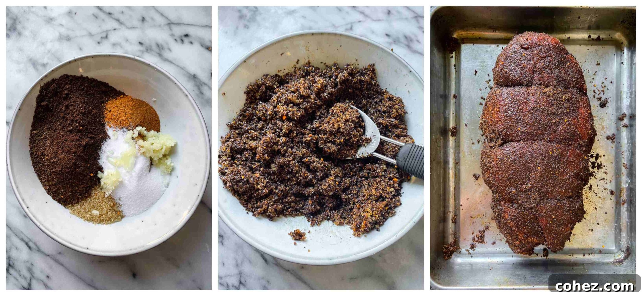 Collage of images showing the preparation and application of a coffee rub for top round roast.