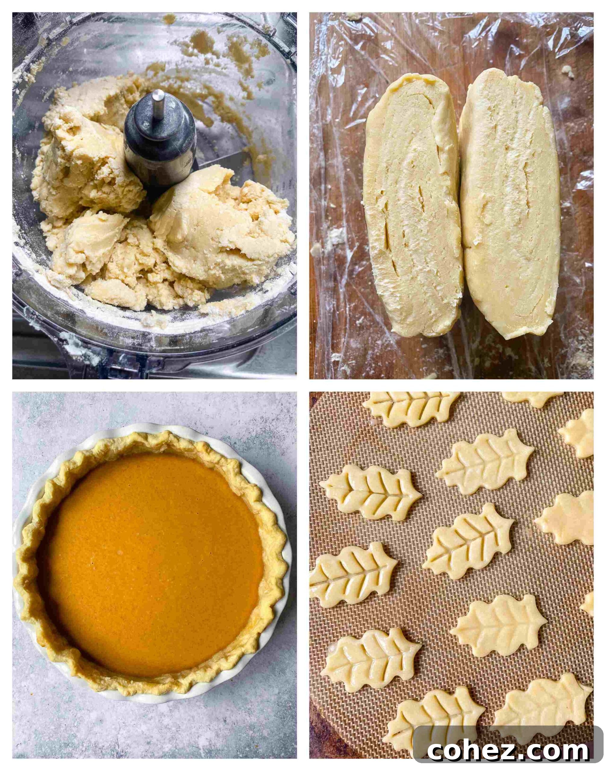 4 pictures in a collage of the pumpkin pie making process