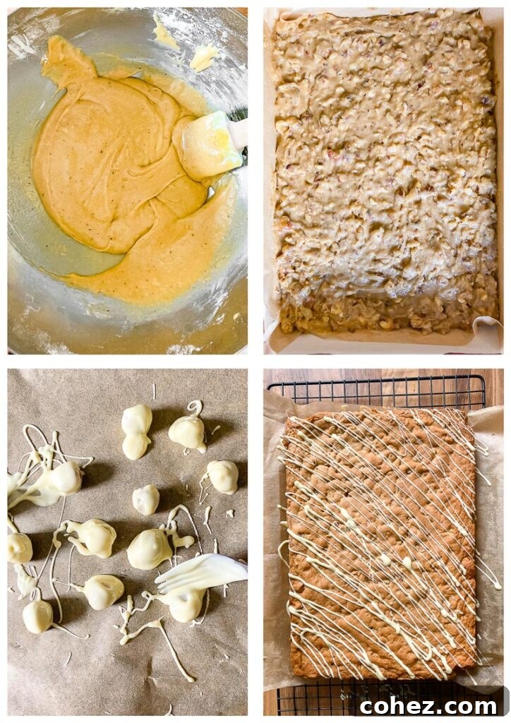 A series of process shots illustrating the step-by-step assembly of the hazelnut blondies, from mixing ingredients to placing them in the baking pan.