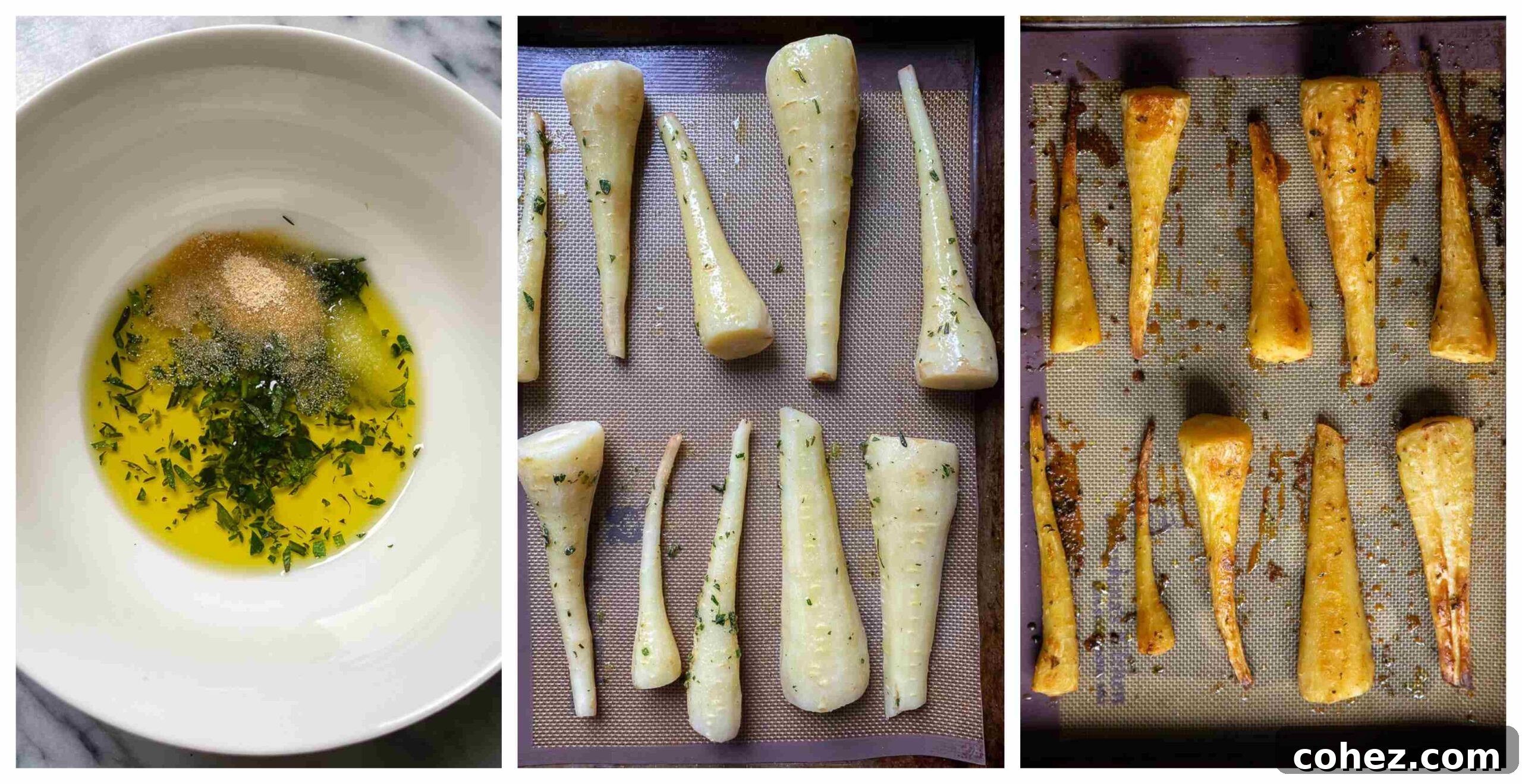 Four step-by-step images showing the process of preparing honey garlic roasted parsnips.