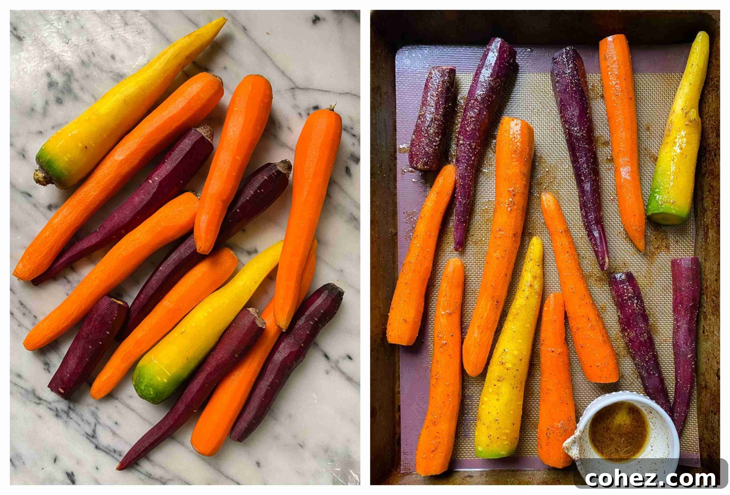 Vibrant Roasted Carrots with Pistachio Crunch 3 orange, yellow and purple carrots