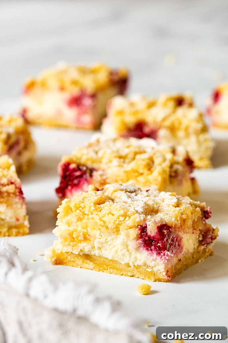 Raspberry Almond Cheesecake Delights 4 Individual cheesecake squares artfully arranged on a white background, highlighting their neat edges and delicious appearance.