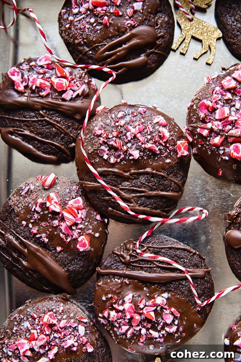 top down view of chocolate cookies drizzled with chocolate and top with crushed candy cane, ready for festive enjoyment
