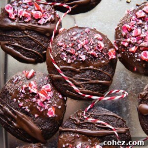 top down view of chocolate cookies drizzled with chocolate and top with crushed candy cane, serving as the main recipe image