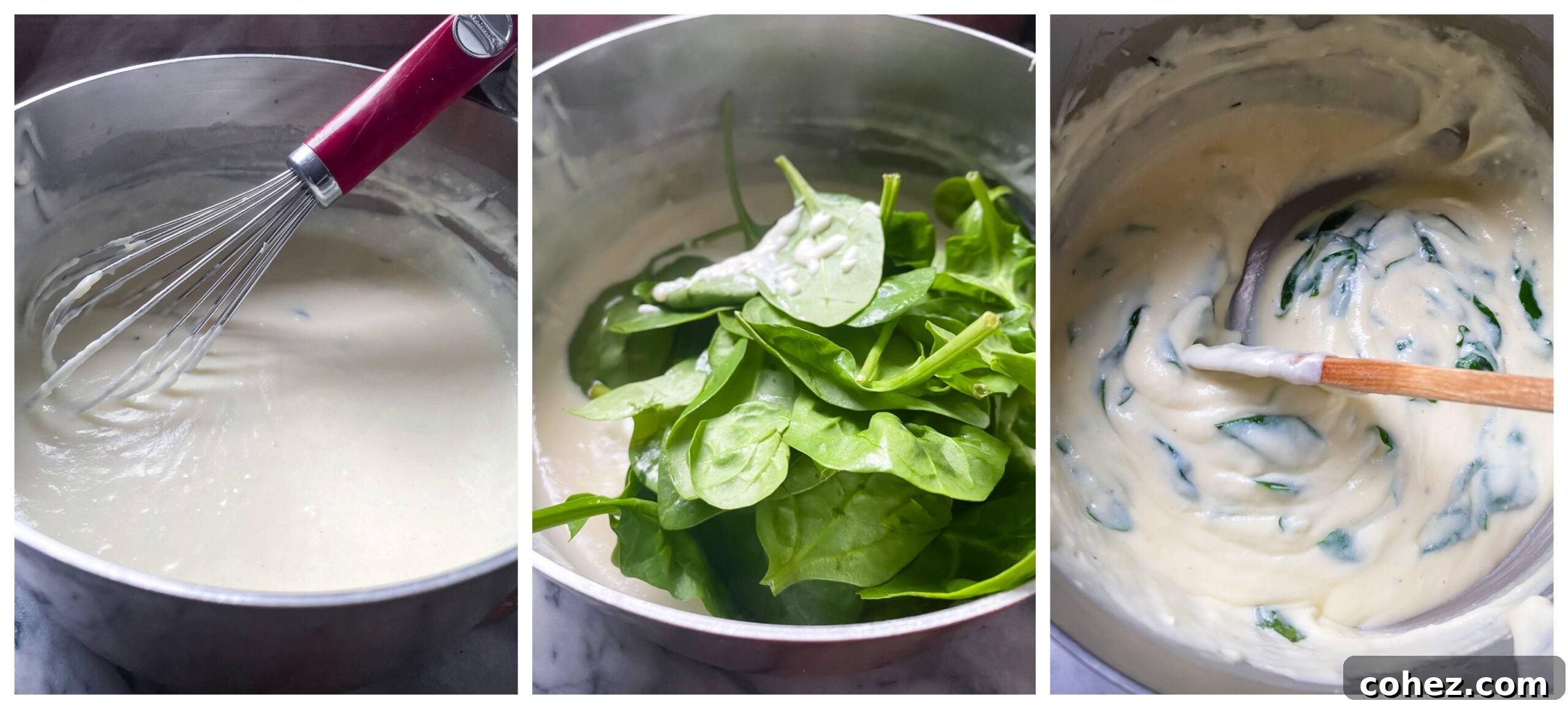 Effortless Fish Pie 4 A step-by-step photographic process of making a creamy white sauce for fish pie, showing butter melting, flour being added to create a roux, and milk gradually being whisked in to form a smooth, thickened sauce.