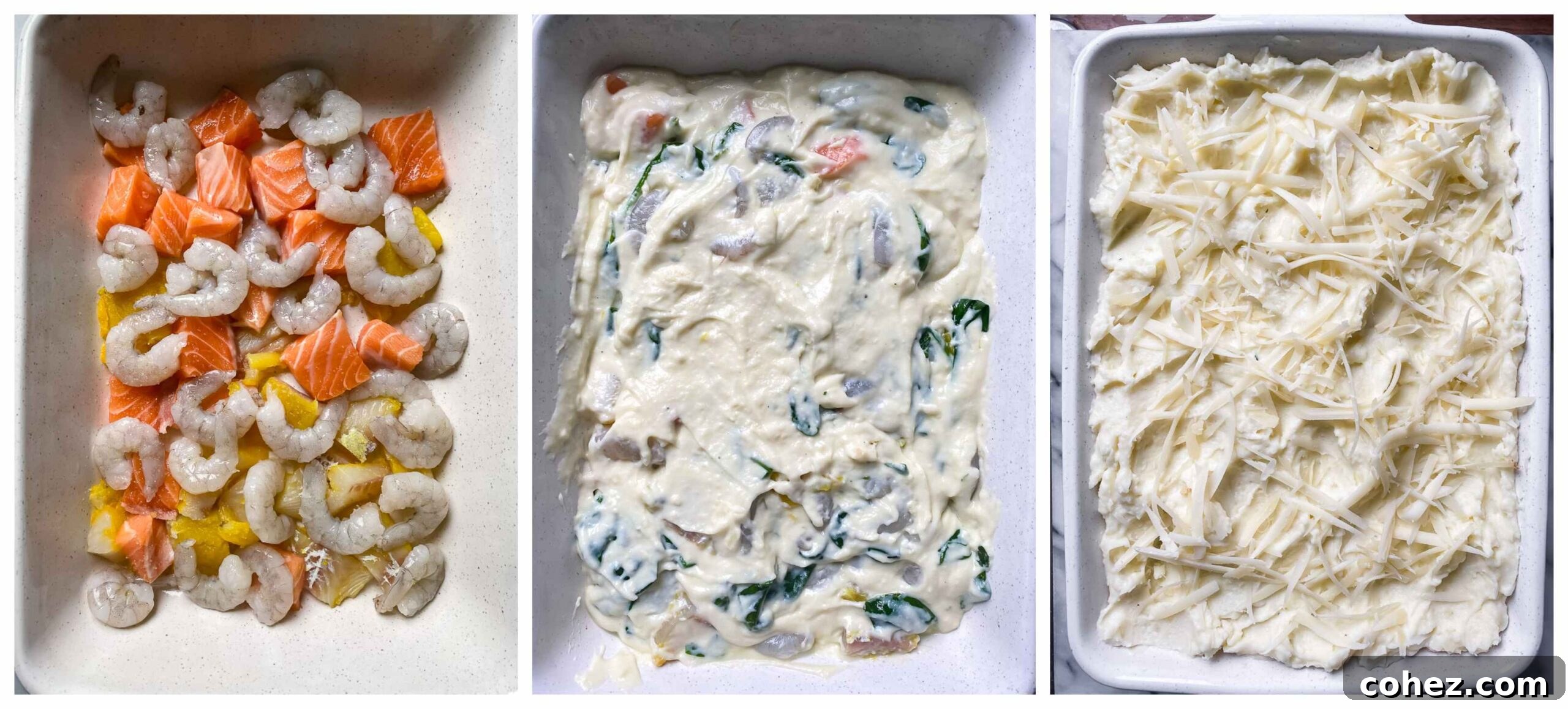 Effortless Fish Pie 5 A sequence of process images showing the assembly of a fish pie: layering fish and prawns in a baking dish, pouring creamy white sauce over it, and finally topping with fluffy mashed potatoes before baking.