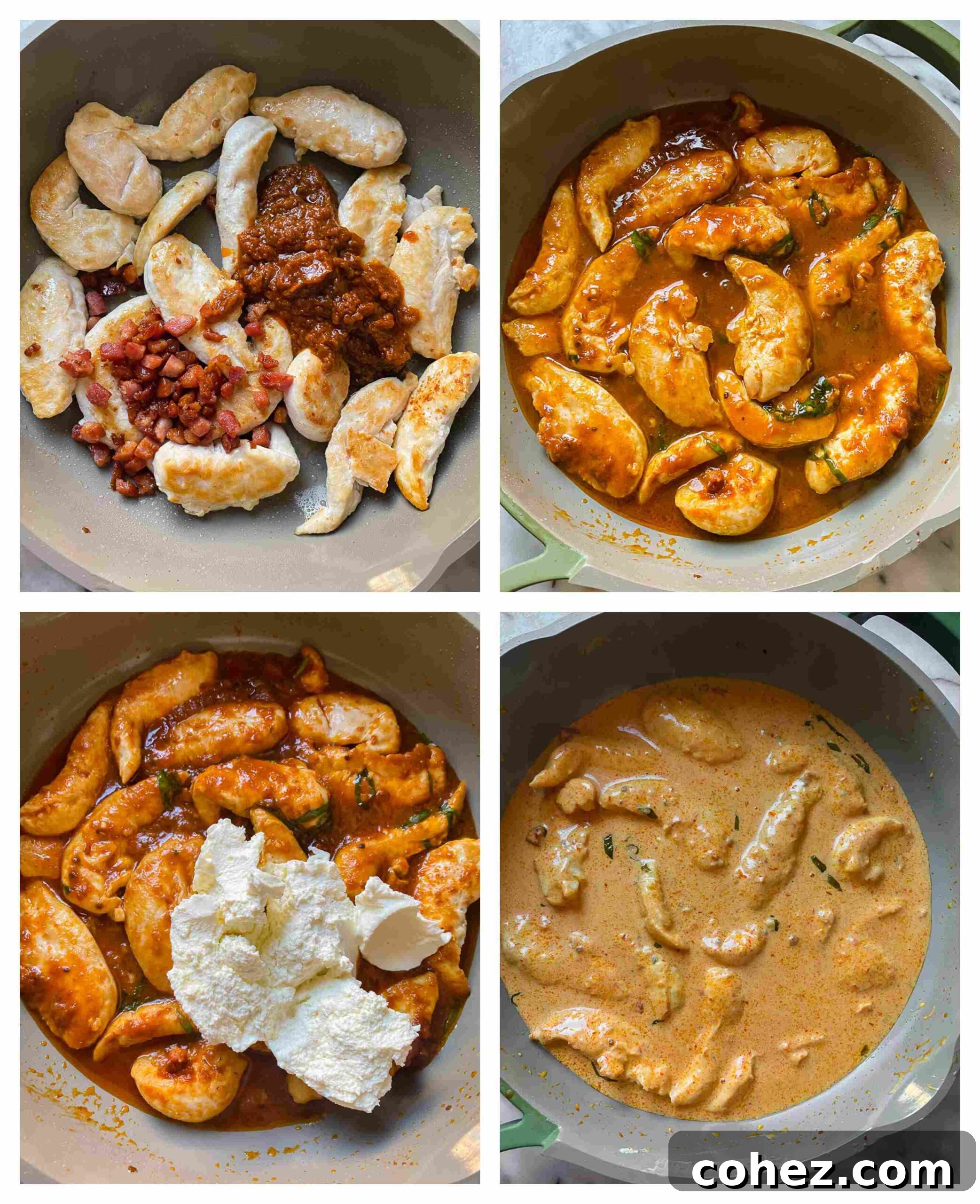 Chicken Pancetta Pasta with Velvety Tomato Cream Sauce 4 A visual step-by-step guide showing the preparation process of the creamy tomato cream cheese pasta recipe
