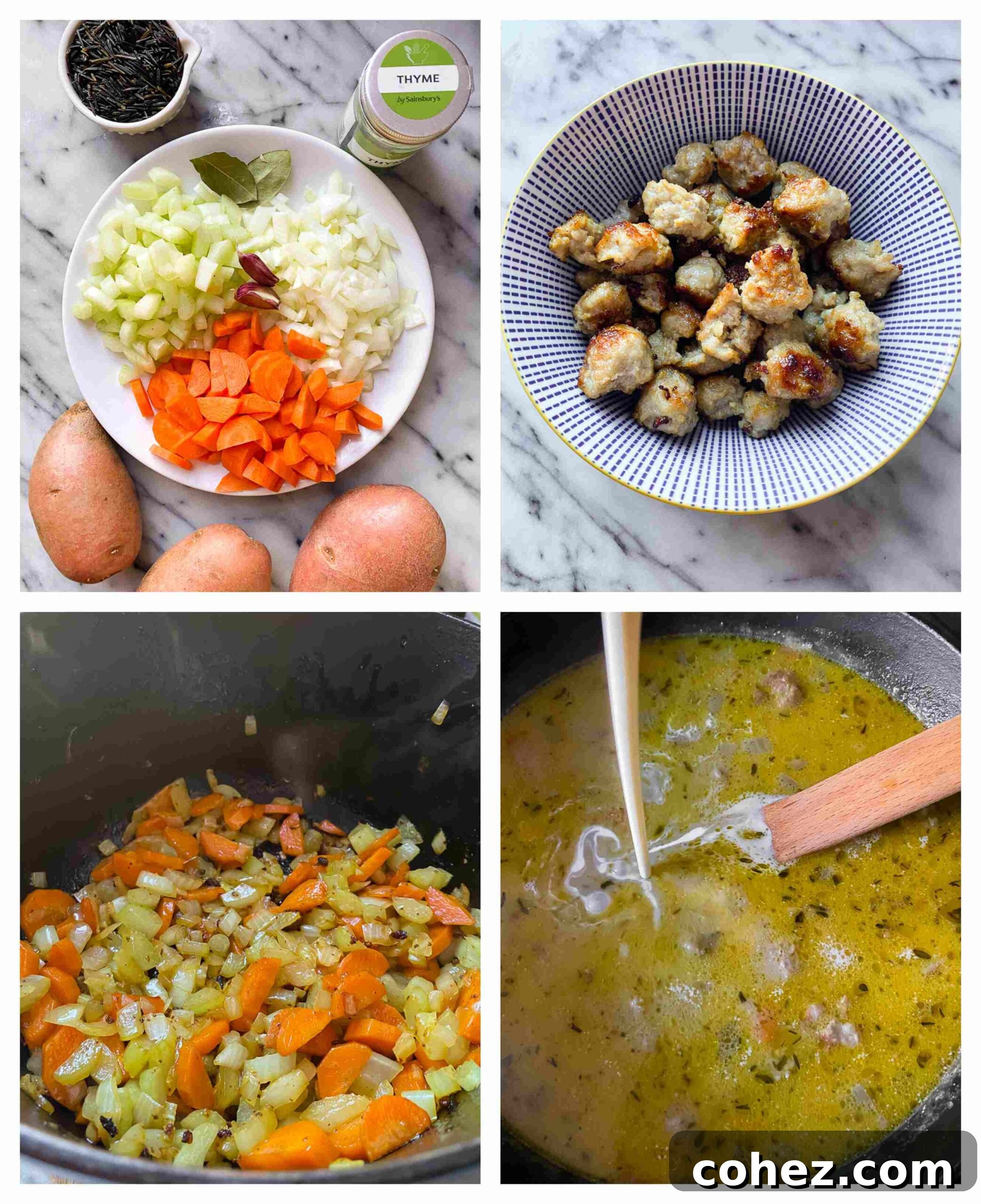 Farmhouse Sausage Potato Chowder 4 A visual guide showing the step-by-step process of preparing sausage and potato chowder.