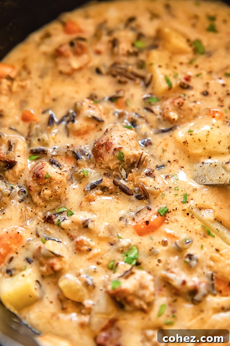 Farmhouse Sausage Potato Chowder 5 A close-up view of the rich, creamy texture of the sausage and potato chowder, with visible chunks of sausage and potato.
