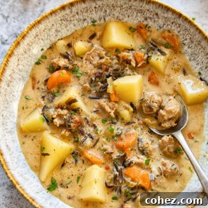 potato and sausage chowder in a soup bow with a spoon in it