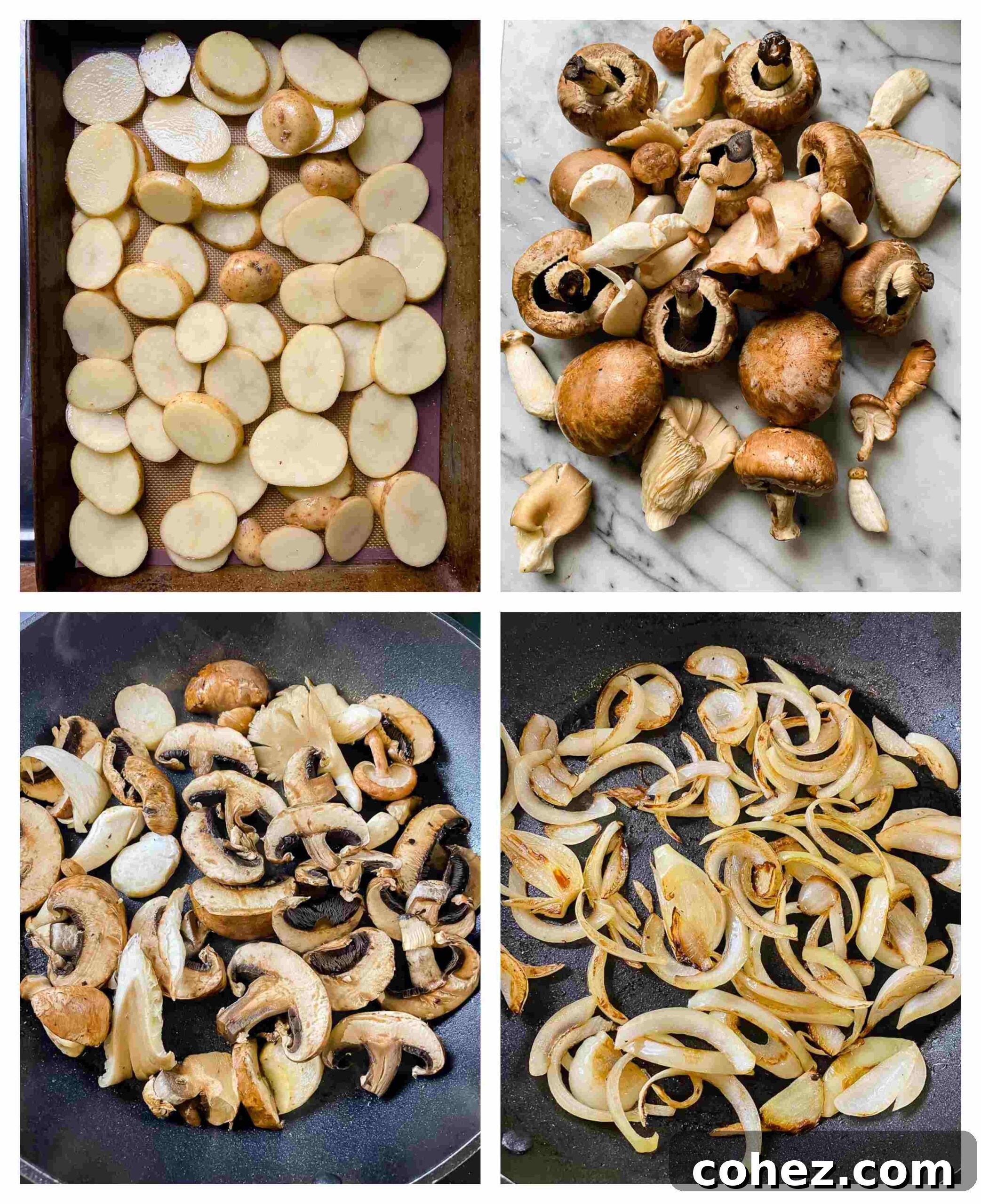 Process images showing sliced potatoes on a baking sheet, sautéing mushrooms, and caramelizing onions.