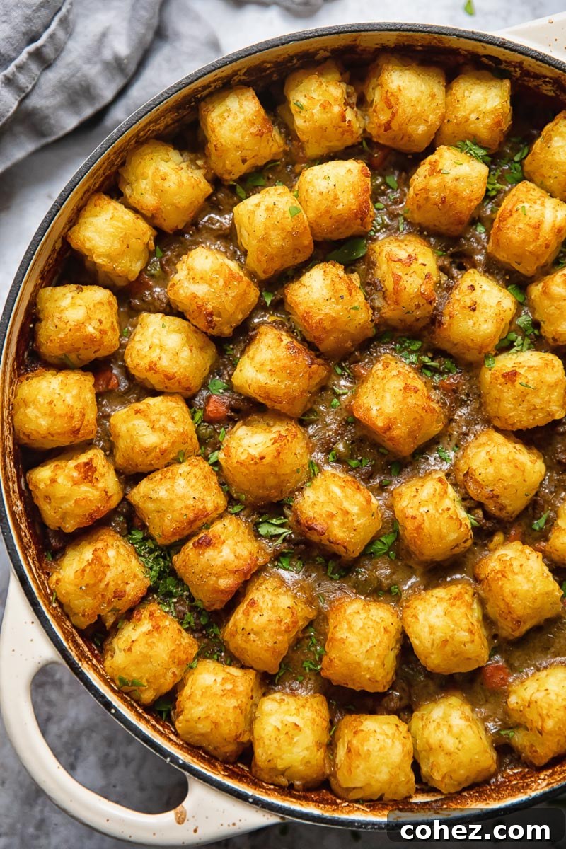 A top-down view of a golden-brown, bubbling homemade Tater Tot Casserole in a round pan, ready to be served, perfect for family dinners.