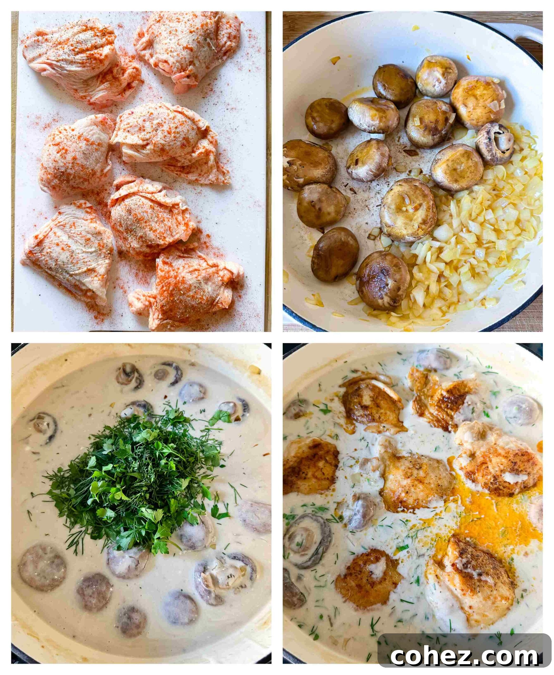 Step-by-step process images for making braised chicken and mushrooms in sour cream sauce, showing browning chicken, sautéing vegetables, and combining ingredients.