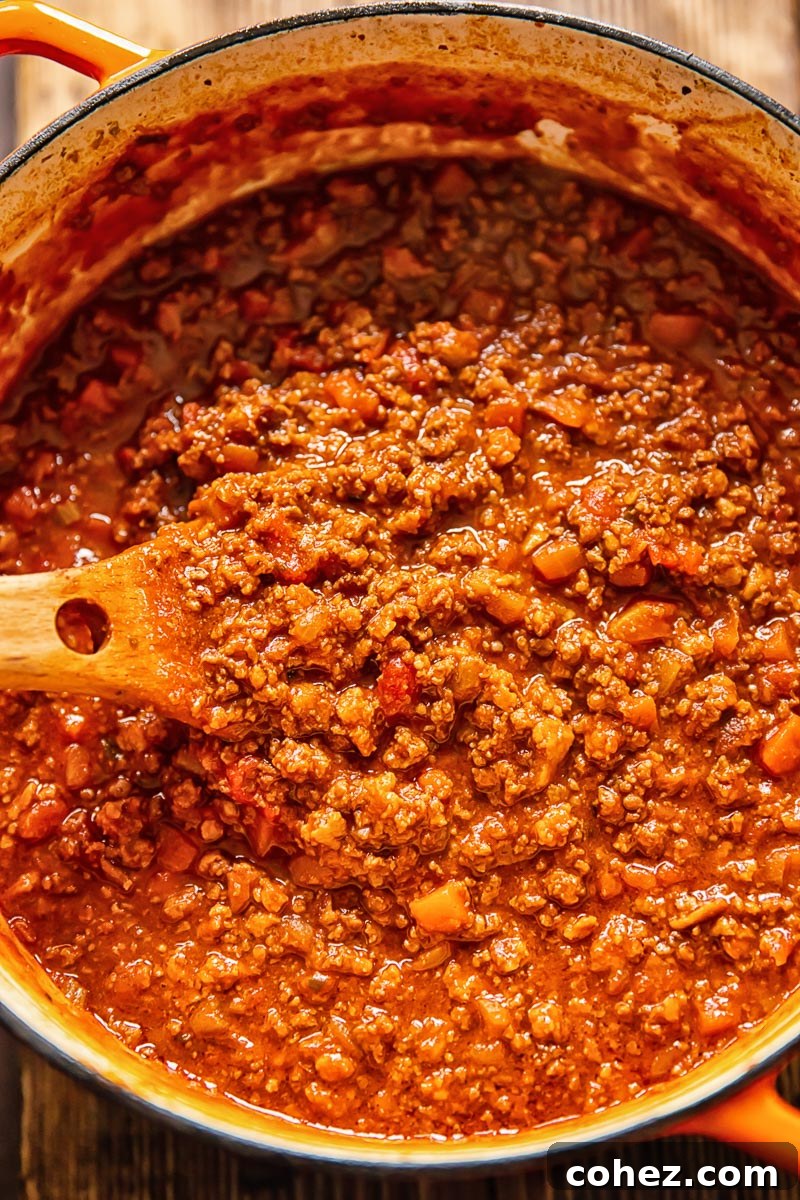 Top-down view of a rich, simmering meat ragu in a heavy pot, highlighting its hearty texture and deep color.