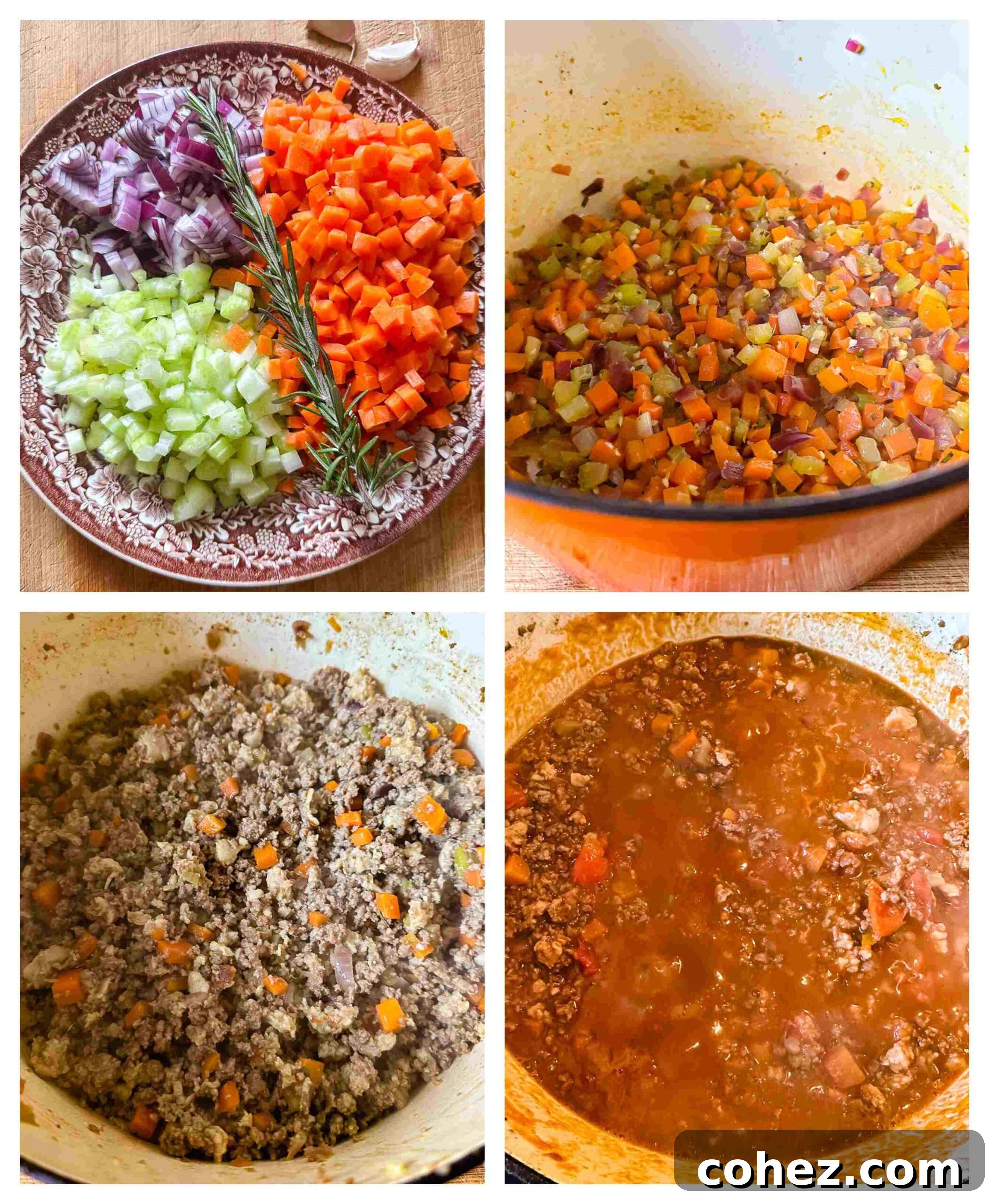 A collage of process images showing the step-by-step preparation of Tuscan ragu, from sautéing vegetables to simmering the sauce.