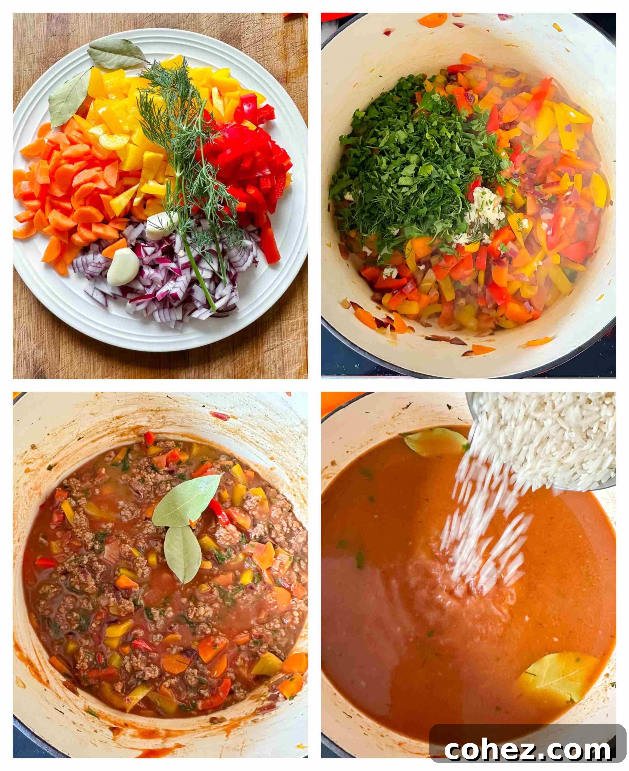 A collage of process images showing the step-by-step preparation of unstuffed pepper soup, from sautéing vegetables to simmering the final dish.
