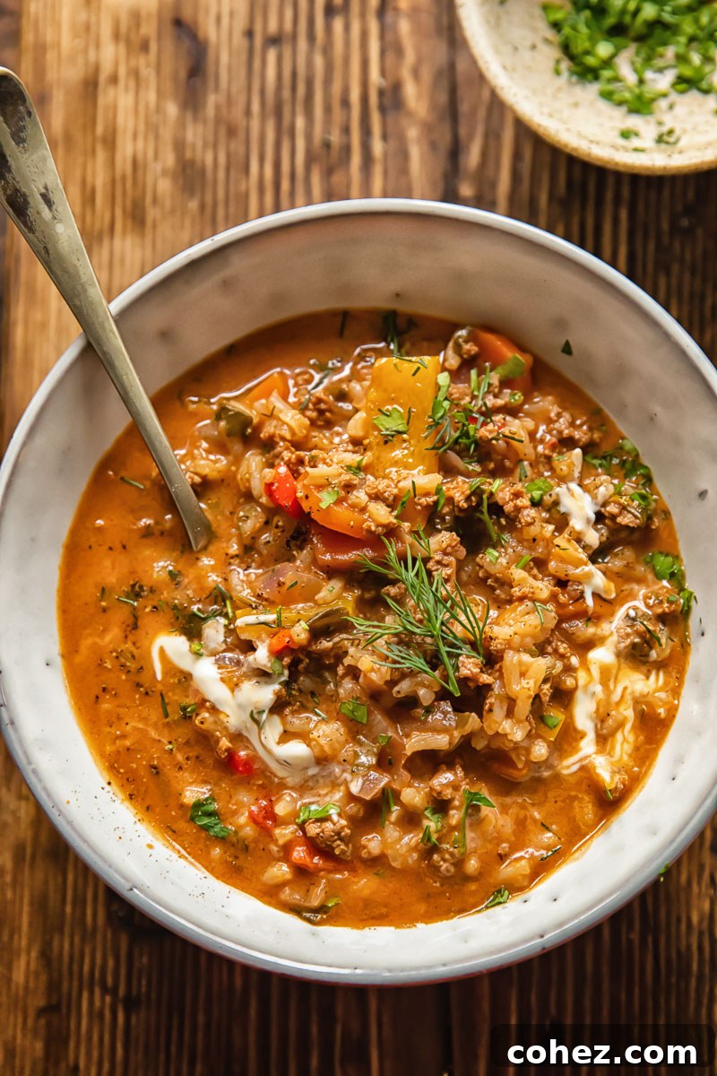 A beautifully presented bowl of unstuffed pepper soup with a spoon, garnished with fresh herbs, signaling a comforting and hearty meal ready to be enjoyed.