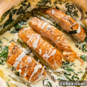top down view of salmon florentine in a pan