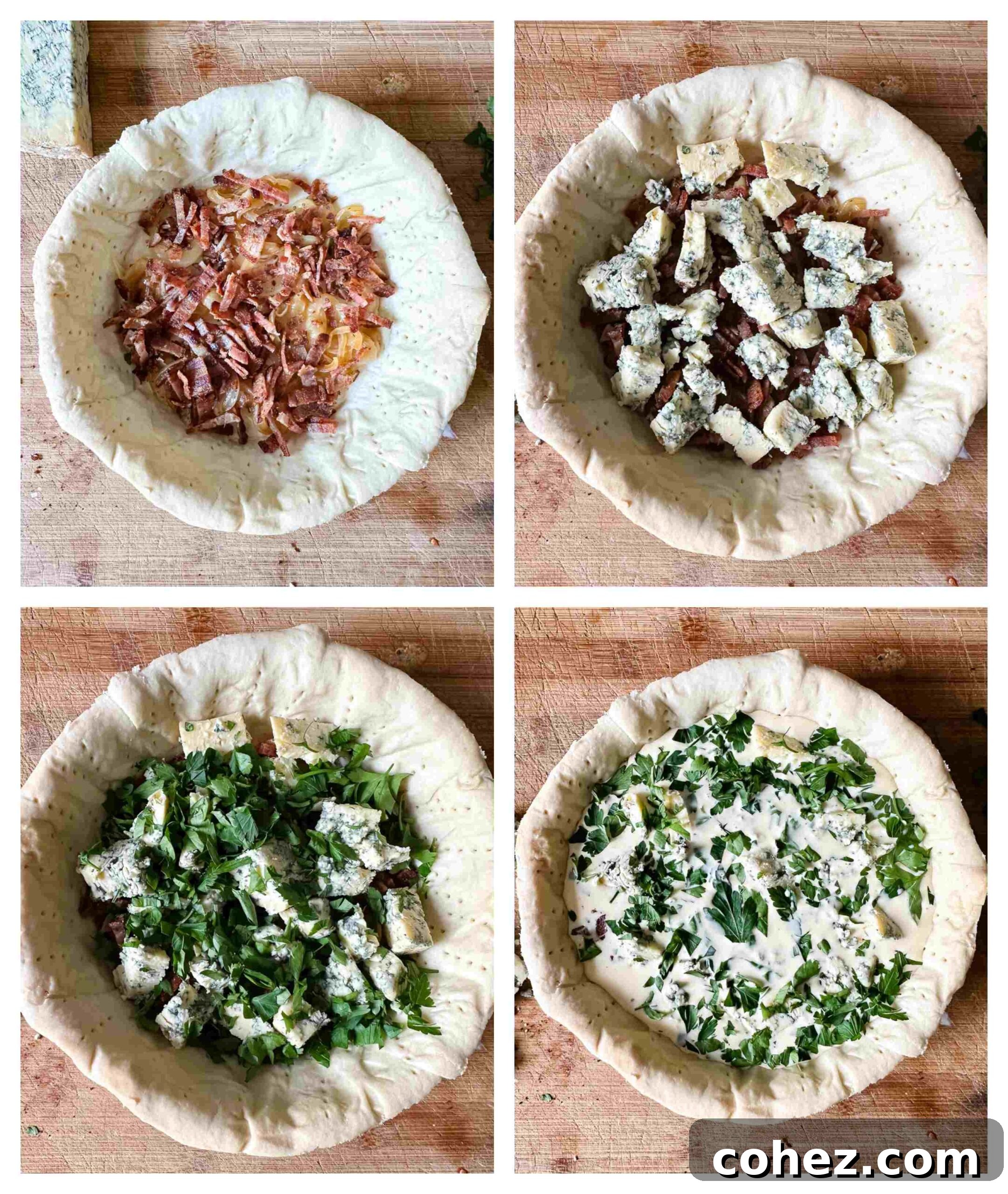 Collage of step-by-step process images for making bacon, blue cheese, and caramelized onion quiche, from preparing the pastry to cooking the filling.