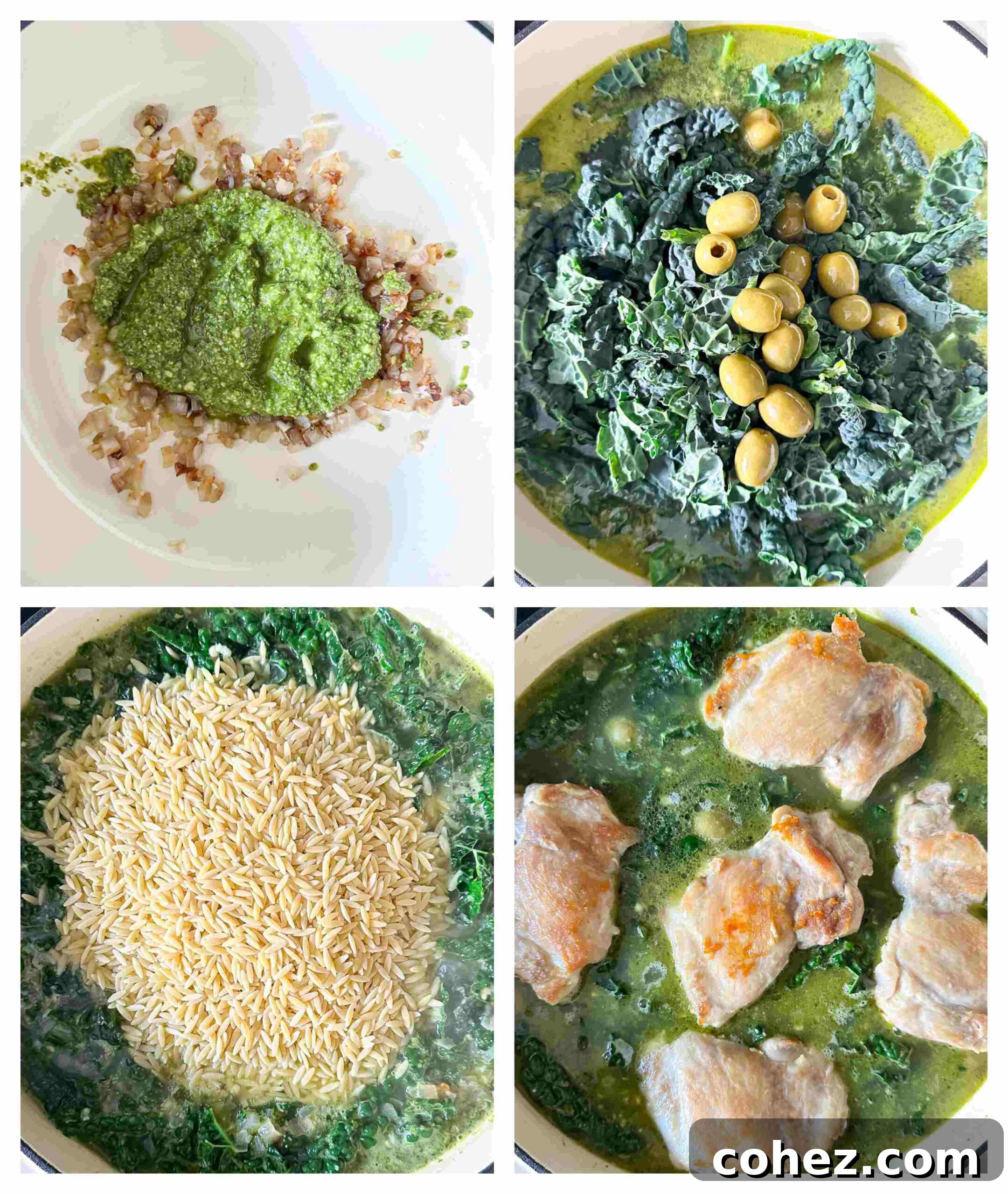 basil pesto and lemon chicken orzo bake process images