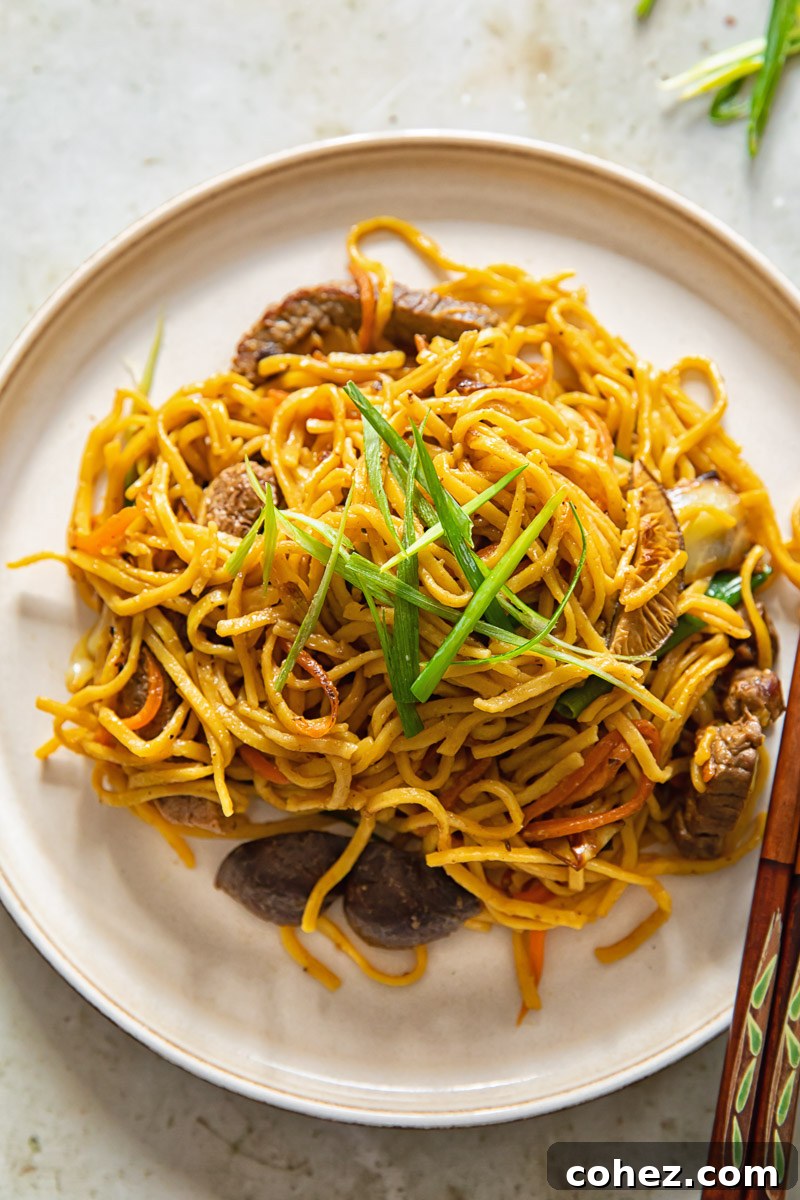 A beautifully plated Beef Yakisoba, garnished with sliced green onions, ready to be enjoyed with chopsticks.