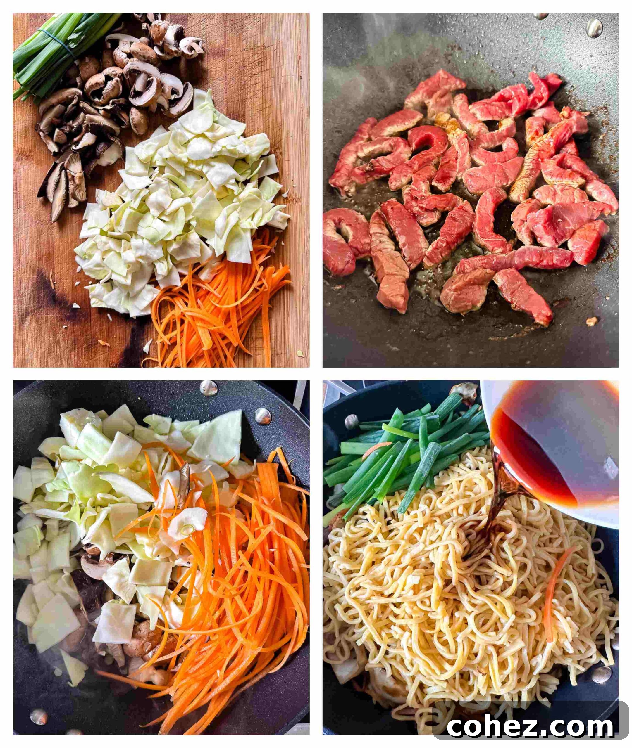 A visual step-by-step guide to preparing Yakisoba, showing ingredients and cooking stages.