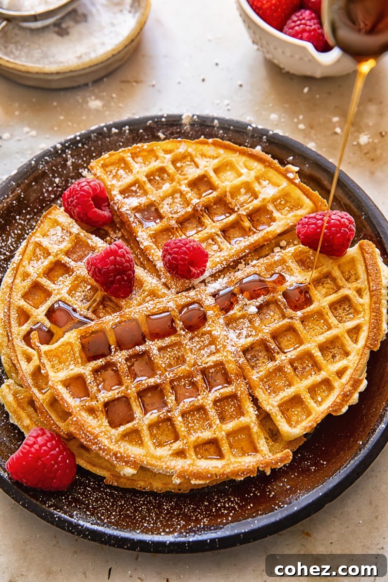 Golden Belgian waffles drizzled with maple syrup and topped with fresh raspberries