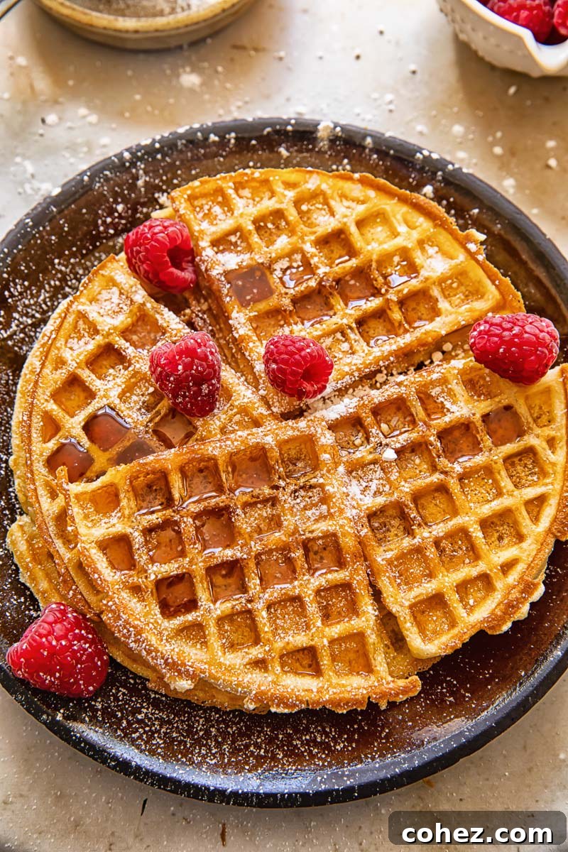 top down view of round waffles, topped with powdered sugar and raspberries on brown plate